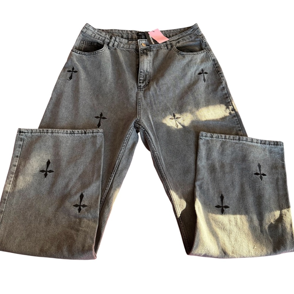 PrettyLittleThing Washed Grey Cross Print Wide Leg Jeans Womens 12 Gothic Sz 12